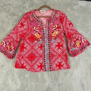 Savannah Jane Embroidered Floral Top Bell Sleeve Rayon Womens Size Small